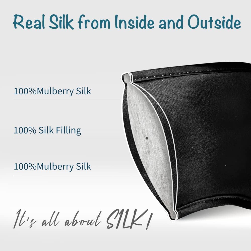 LULUSILK Mulberry Silk Sleep Eye Mask Blindfold with Elastic Strap Headband, Soft Eye Cover Eyeshade for Night Sleeping, Travel, Nap(Black), Pack of 1