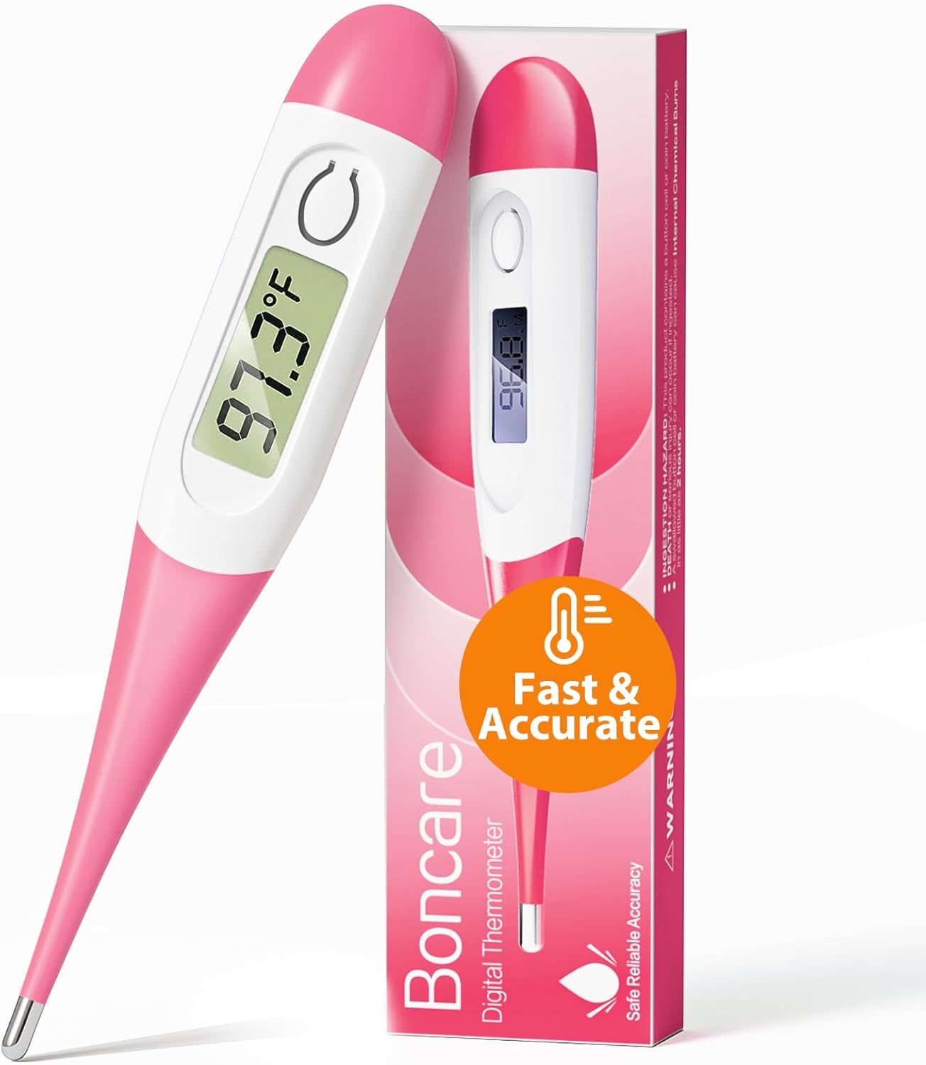 Boncare 10 Seconds Oral Thermometer for Adults and Kids - Accurate & Safe Rectal Thermometer for Baby with Fever Alarm, Digital Thermometer (Pink)