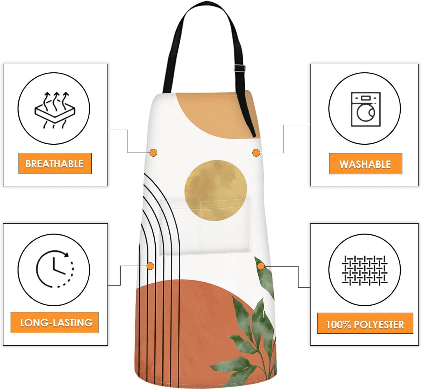 Britimes 2 Pack Aprons, Boho Mid Century Sun Adjustable Bib Aprons with 2 Pockets for Women Men Couple Lovers Chef Home Kitchen Cooking Baking Gardening Orange Green Apron 32x28 Inches