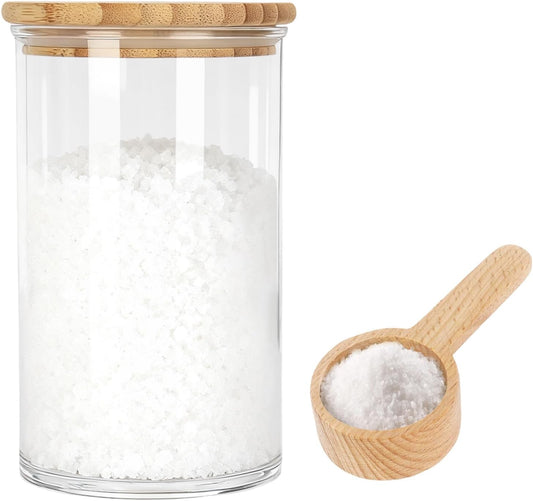 Klmnop 1200ML/42OZ Acrylic Bath Salt Jar with Wooden Scoop, Bath Salt Container with Sealing Lid for Bathroom Kitchen Storage Salt Candy Tea(Clear, Style 2)