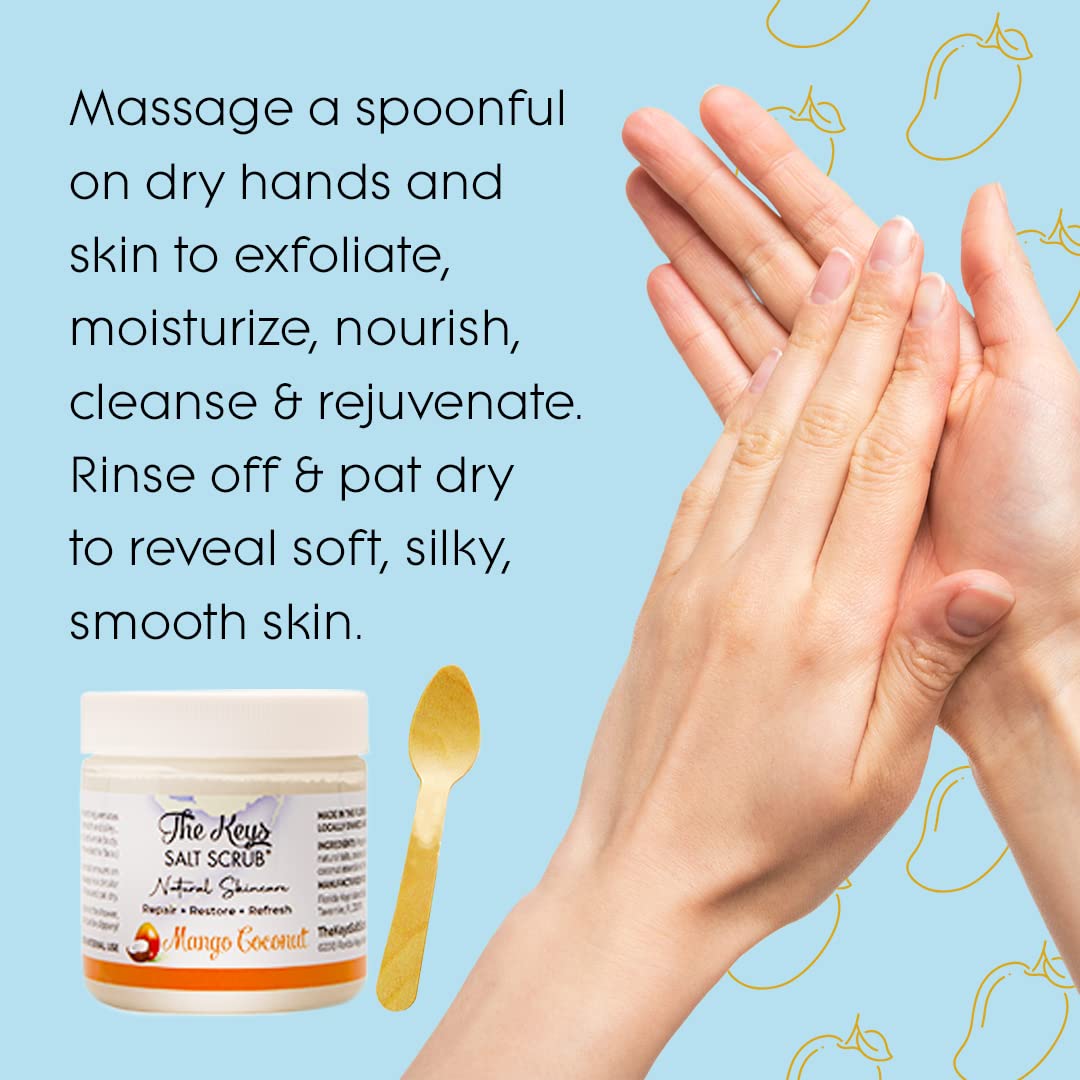 The Keys Salt Scrub -Sea Salt Scrub - Exfoliating Body Scrub with Wooden Spoon - Moisturizing Exfoliator for Hands, Foot, Bath, (3.4 Ounce (Pack of 3), Mango Coconut)