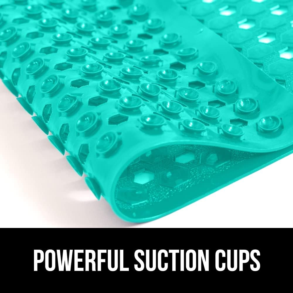 GORILLA GRIP Patented Bath Tub Shower Mat, Machine Washable Bathtub Floor Liner Mats, Suction Cups and Drain Holes to Keep Tubs Clean, Soft on Feet, Bathroom Essentials, 35x16 Inch, Turquoise Opaque