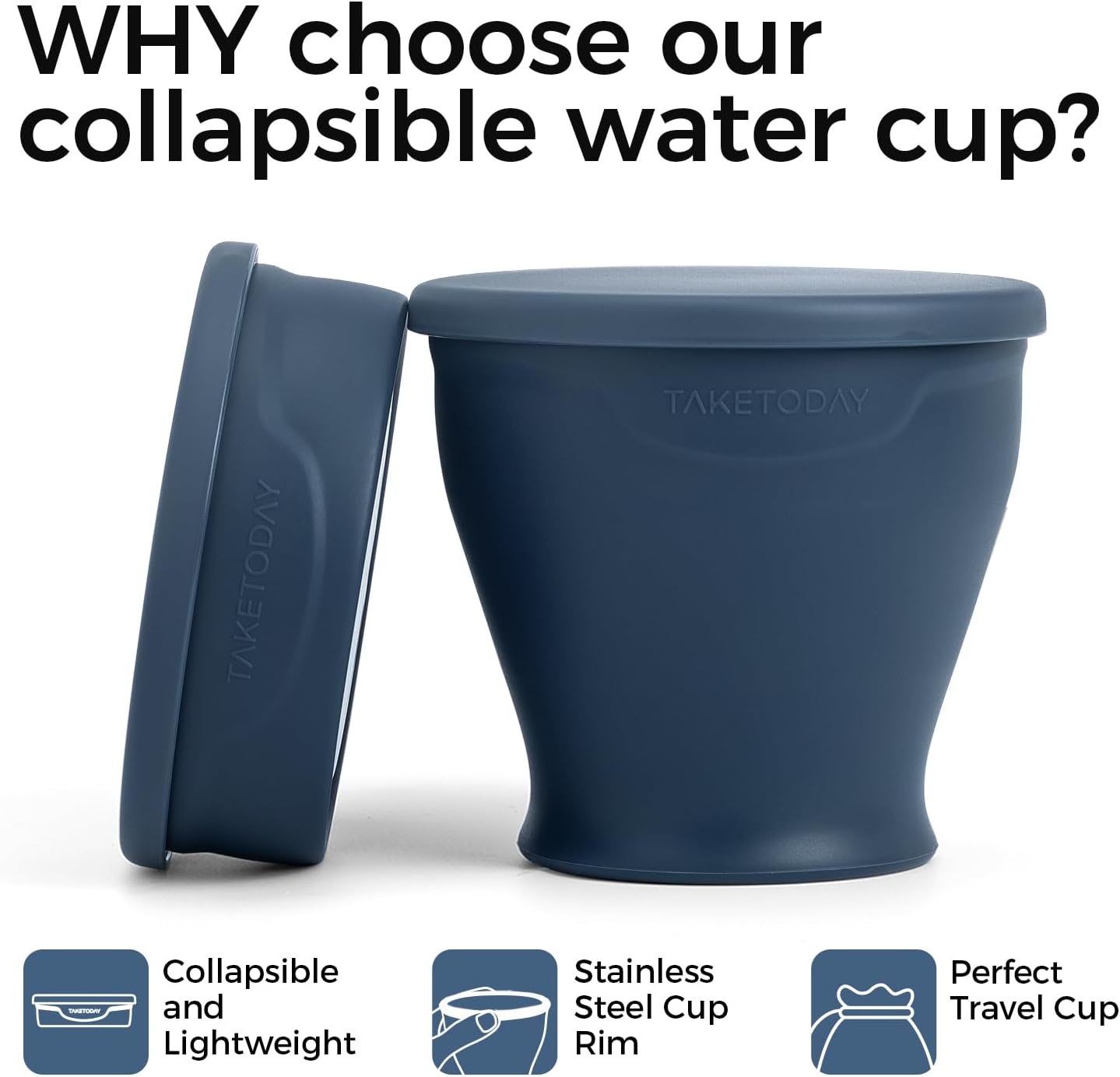 TakeToday Collapsible Travel Cup - Silicone Foldable Water Cup, BPA-Free with Lid & Waterproof Bag - Drinking Cup Set for Camping, Outdoors & International Travel(8 Oz, Navy)