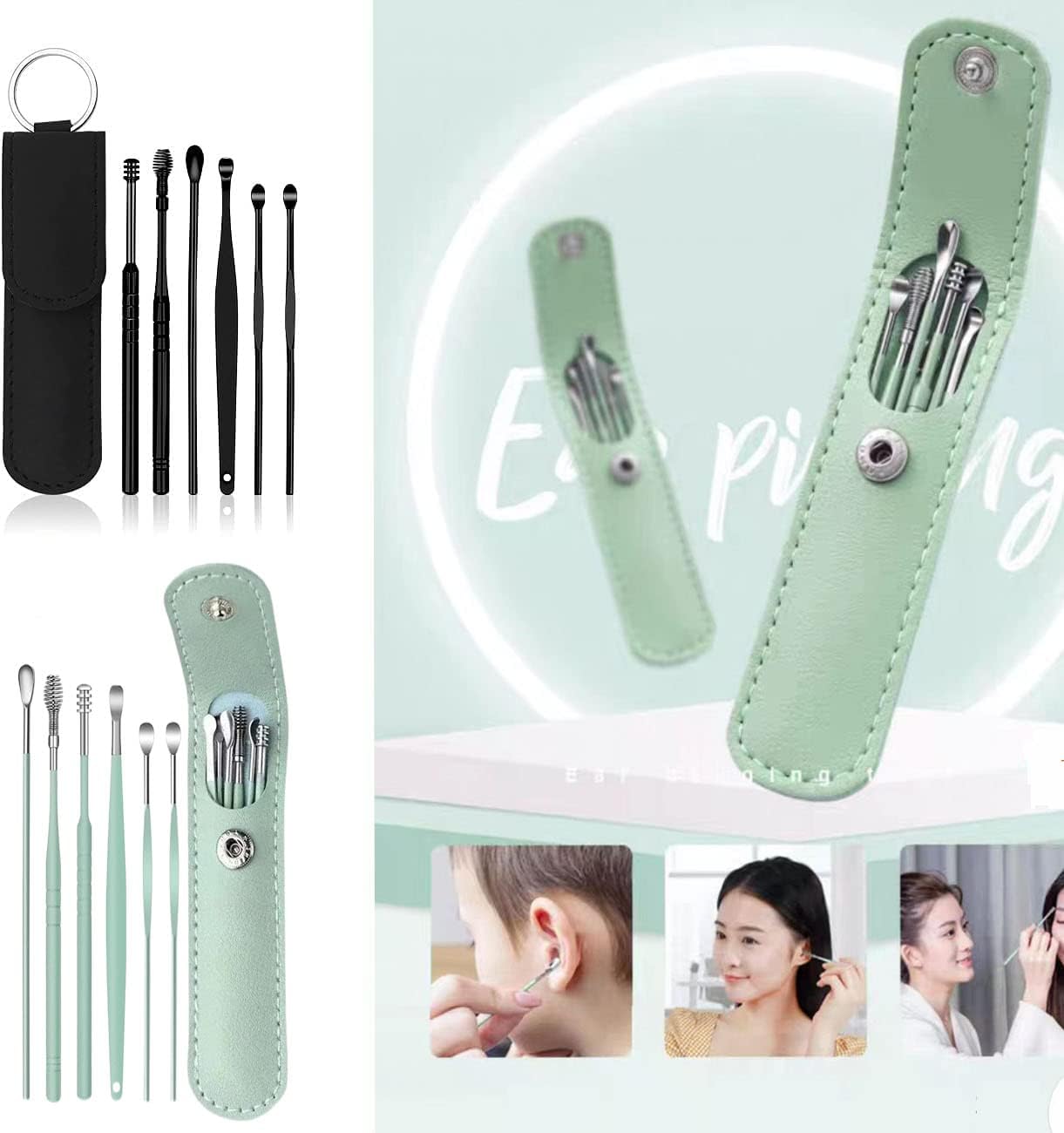 12 Pcs Ear Pick Earwax Removal Kit, Ear Cleaning Tool, Stainless Steel Earwax Removal Tool with Leather Storage Box (Black&Green)