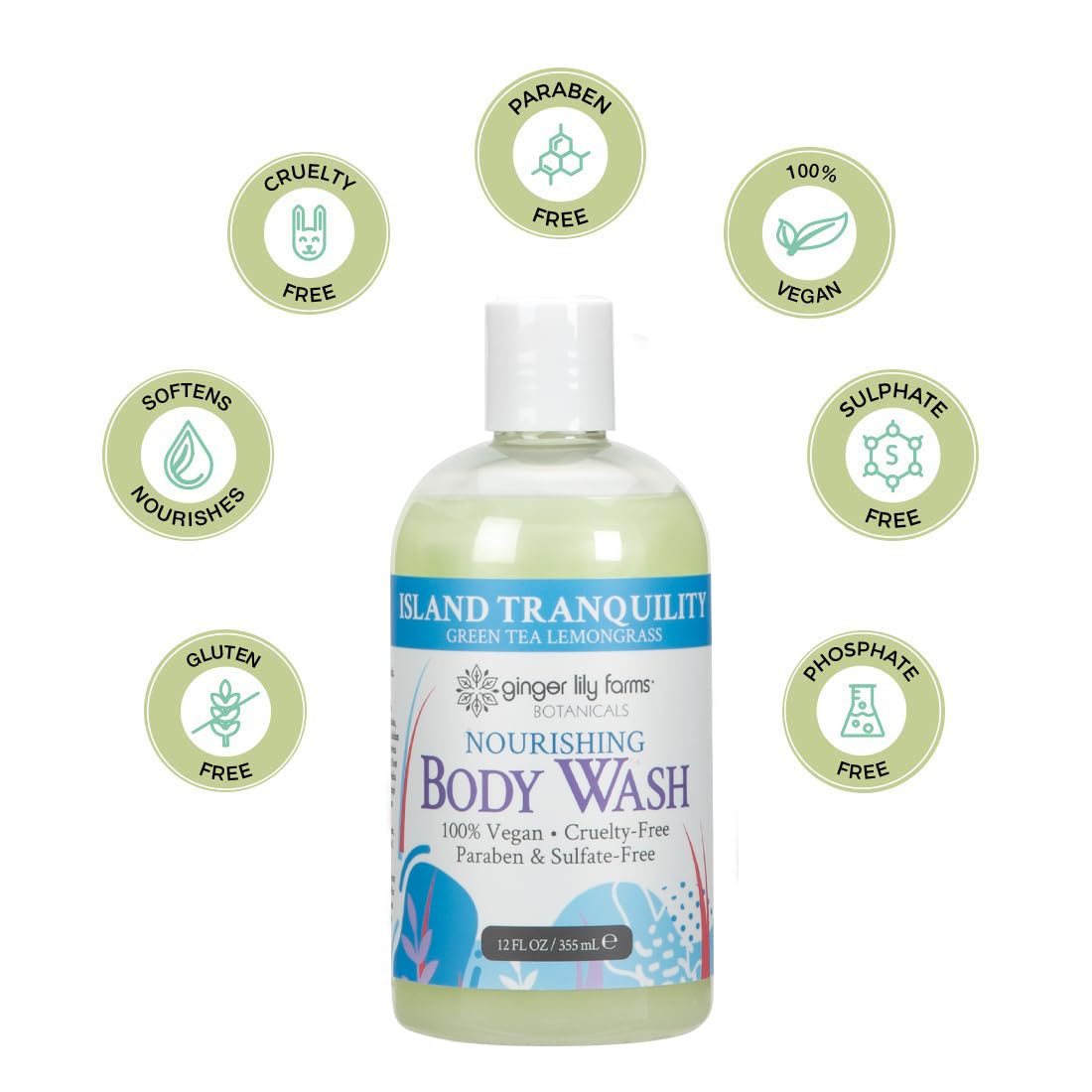 Ginger Lily Farms Botanicals Nourishing Body Wash, Island Tranquility, 100% Vegan & Cruelty-Free, Green Tea & Lemongrass Scent, 12 Fl Oz