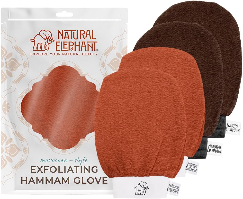 Natural Elephant Exfoliating Kessa Glove - Face and Body Exfoliator Hammam Mitt (2 Brown and 2 Orange (Pack of 4))