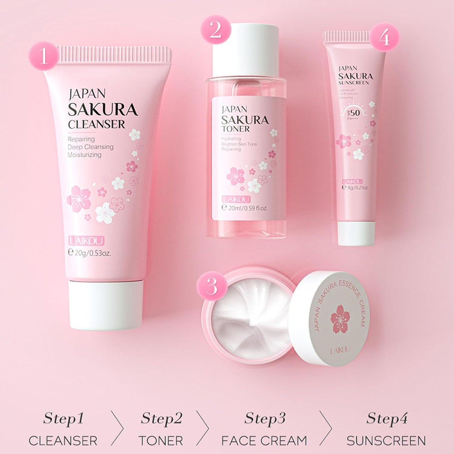 Sakura Travel Skincare Set for Teenage Girls - Face Routine Set for Women,4 Piece Gentle Skin Cleaning & Care Travel Size Kit With Cleanser, Toner, sunscreen and Face Cream