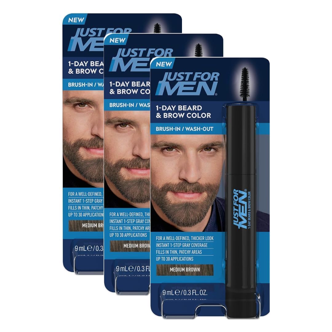 Just for Men 1-Day Beard & Brow Color, Temporary Color for Beard and Eyebrows, For a Fuller, Well-Defined Look, Up to 30 Applications, Medium Brown, Ships in Eco-Friendly Packaging (Pack of 3)