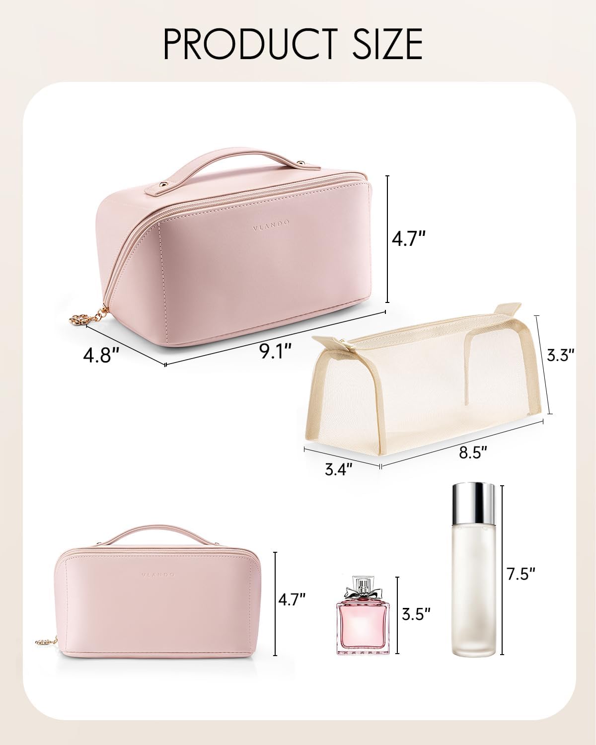 Vlando Makeup Bag,Large Capacity Travel Toiletry Bag,Cosmetic Bags for Women PU Leather Waterproof Portable Pouch with Divider & Handle-Pink