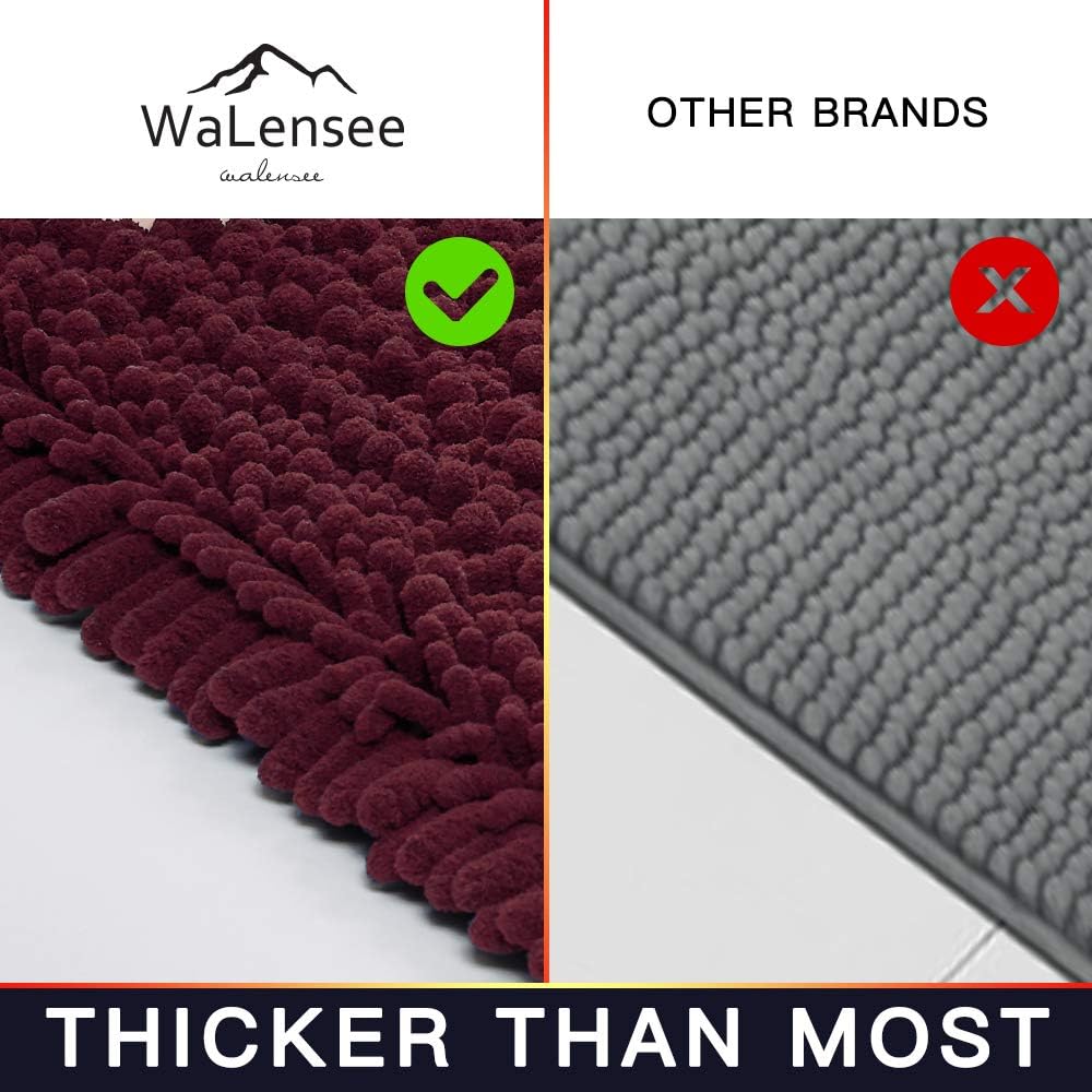 Walensee Bathroom Rug Non Slip Bath Mat (44x24 Inch Burgundy) Water Absorbent Super Soft Shaggy Chenille Machine Washable Dry Extra Thick Perfect Absorbant Best Large Plush Carpet for Shower Floor