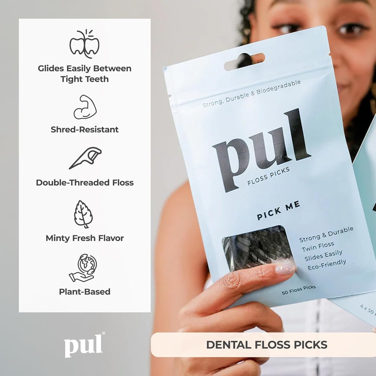 PUL Dental Floss Picks – Mint Teeth Flossers for Deep Cleaning, Removing Food Particles & Plaque – Shred-Resistant Nylon Floss, Plant-Based Handle, Fluoride Free – for Adults & Kids (200 Count)