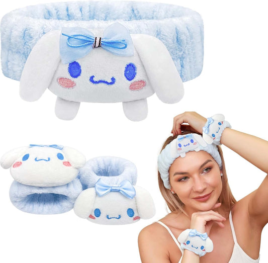 Kawaii Spa Headband and Wristband Set for Face Washing, Cute Soft Skincare Headbands for Women Girls, Fluffy Makeup Headband for Washing Face, Bath, Shower, Beauty