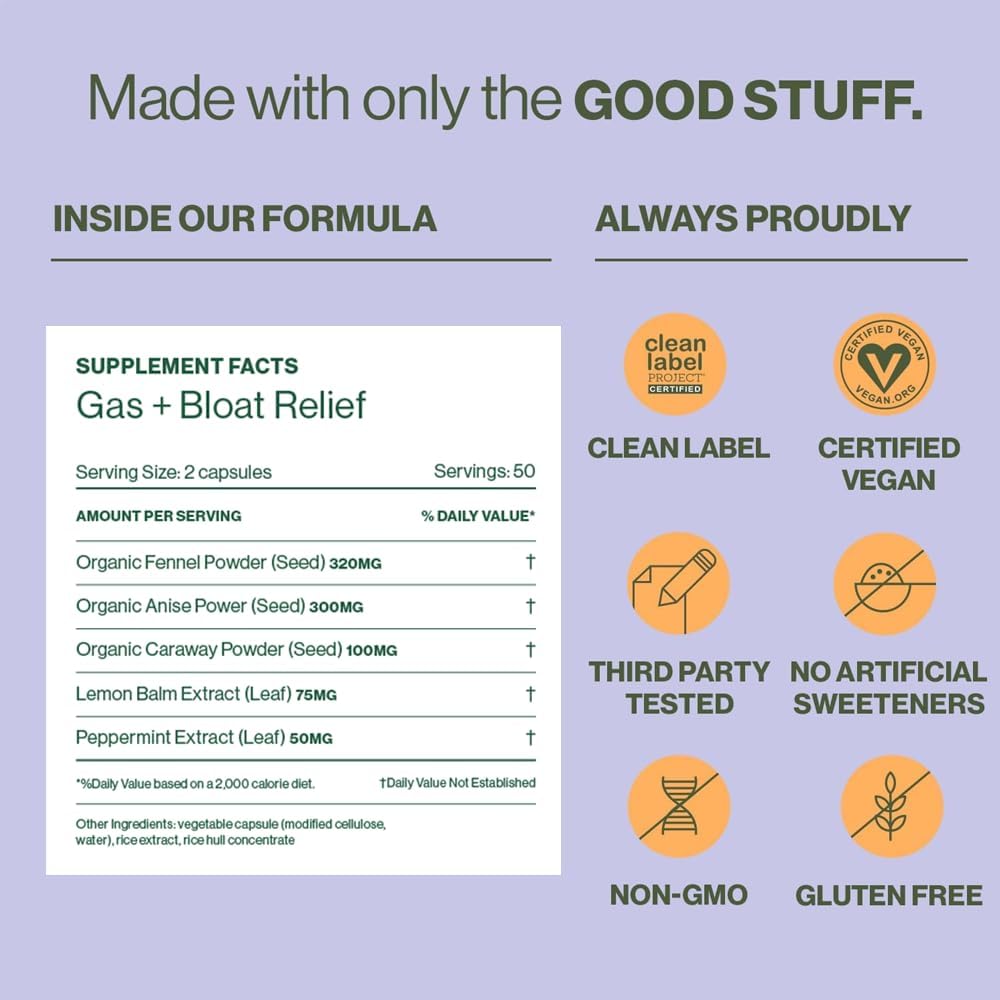 Hilma Natural Gas and Bloating Relief for Women, Doctor Formulated with Organic Ingredients, Lemon Balm, Fennel and Peppermint Leaf, 50 Vegan Capsules