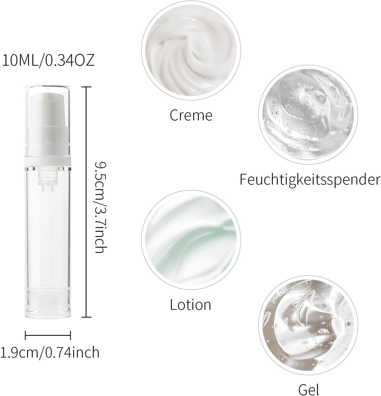 6 Pack 0.34 oz Plastic Empty Airless Pump Bottles Travel Size Refillable Leakproof Containers for Skincare Cosmetics Toiletries TSA Approved