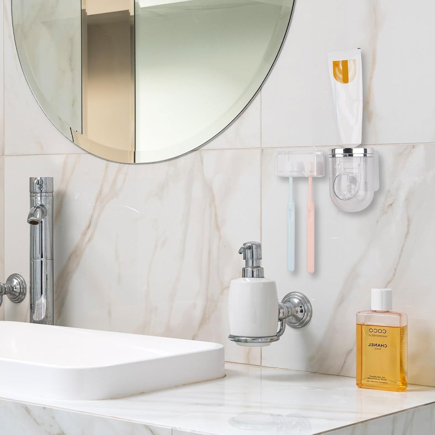 2 Slots Wall Mount Toothbrush Holder with Cover, Self Adhesive Tooth Brush Storage Organizer for Shower Bathrooms, Toothbrush Stand with Automatic Toothpaste Squeezer Dispenser