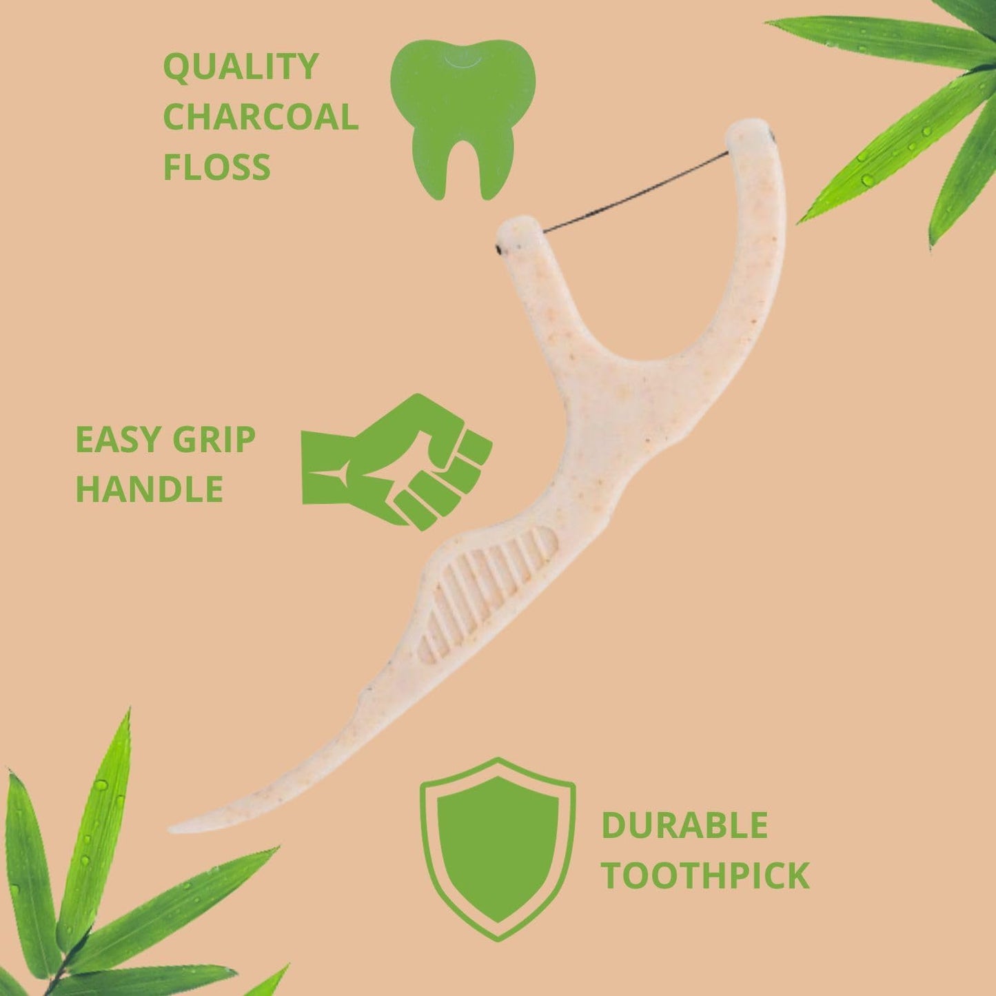 Natural Dental Floss Picks 75 Pack – Organic Biodegradable Floss Sticks with Strong Bamboo Charcoal Thread & Vegan Cornstarch Handle – No Plastics, No Artificial Flavours - Kraft Paper Box