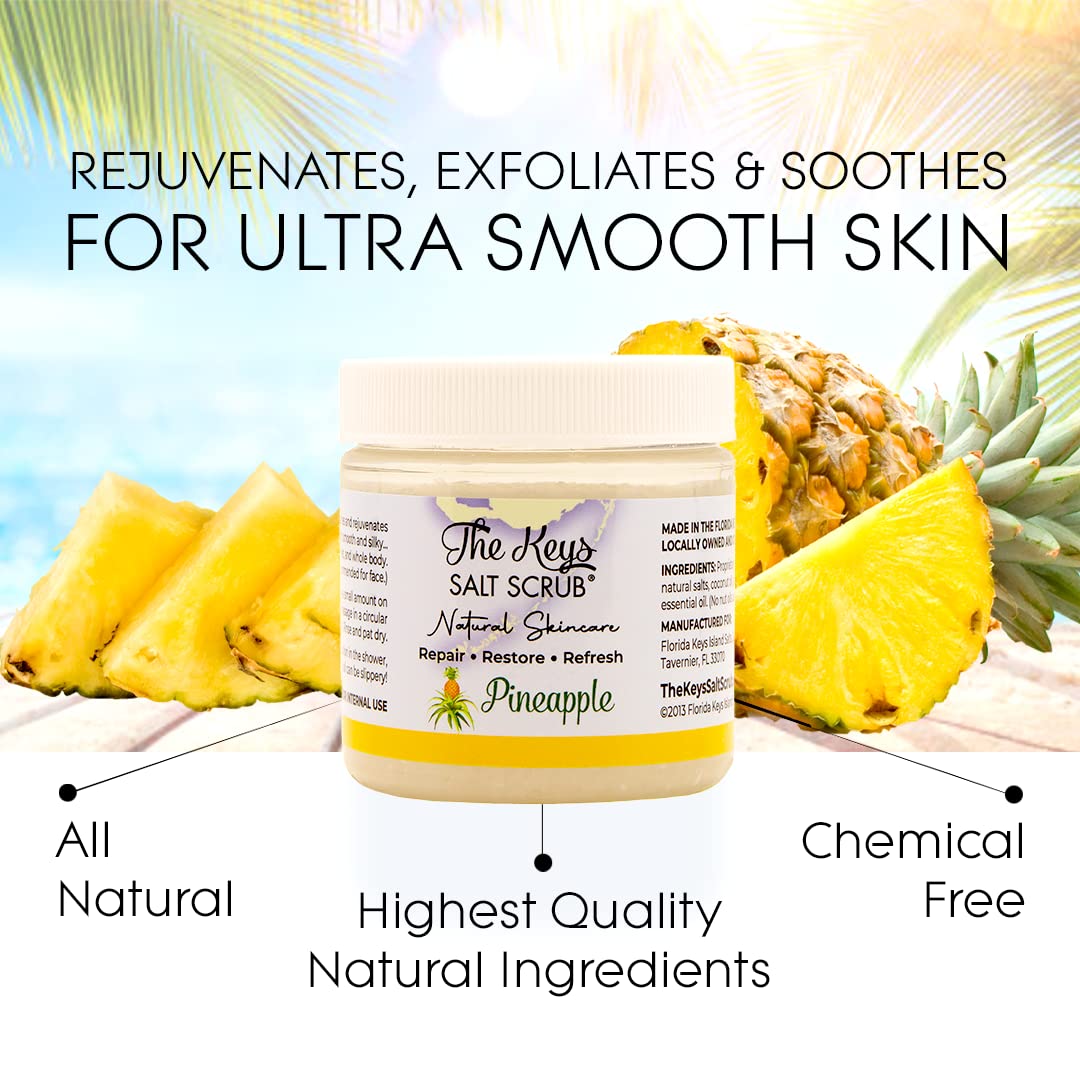 The Keys Salt Scrub -Sea Salt Scrub - Exfoliating Body Scrub with Wooden Spoon - Moisturizing Exfoliator for Hands, Foot, Bath, (3.4 Ounce (Pack of 3), Pineapple)