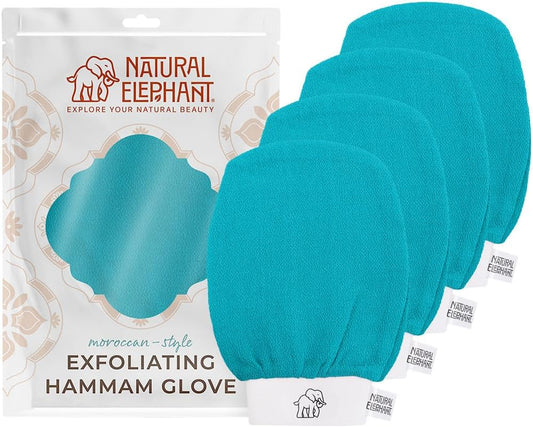 Natural Elephant Exfoliating Kessa Glove - Face and Body Exfoliator Hammam Mitt (Teal Waves (Pack of 4))