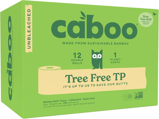 Caboo Tree Free Unbleached Toilet Paper | Plastic Free Packaging, Septic Safe, Eco Friendly, Chemical Free, Non Toxic | 2 Ply Toilet Tissue, Pack of 12 Double Rolls, 300 Sheets Per Roll