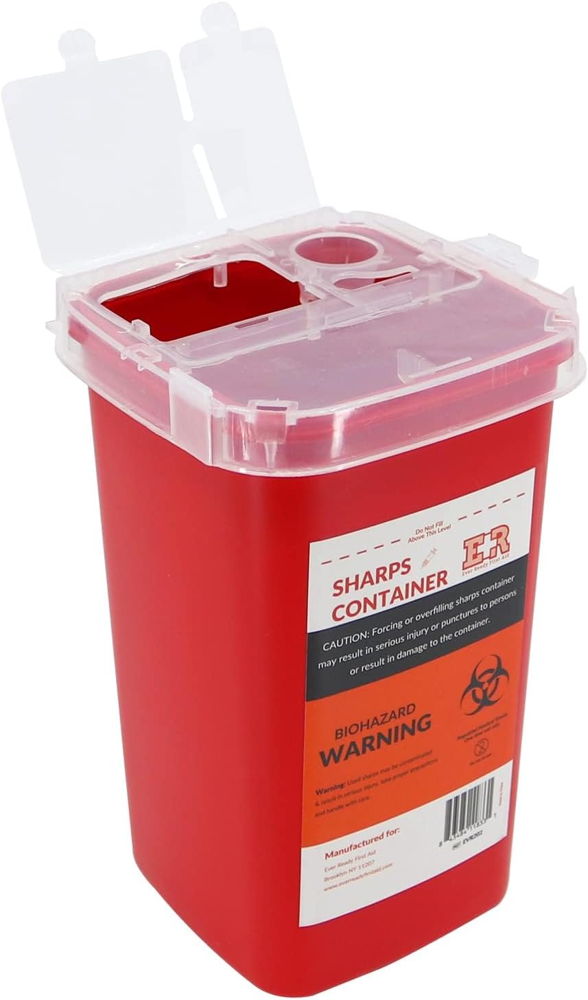 Ever Ready First Aid Sharps Container with Split Lid Design and Locking Mechanism for Sharp Waste Disposal, 1 Quart - 6 Count