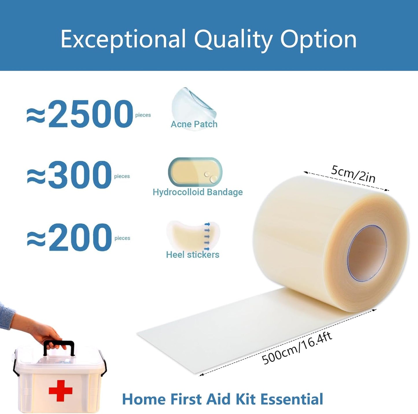Hydrocolloid Bandages Roll for Wound Care – Cut-to-Size | Self-Adhesive Hydrocolloid Roll for Burns, Blisters & Acne | Waterproof, Ultra-Absorbent, ER-Approved First Aid Essential (2in*16ft)