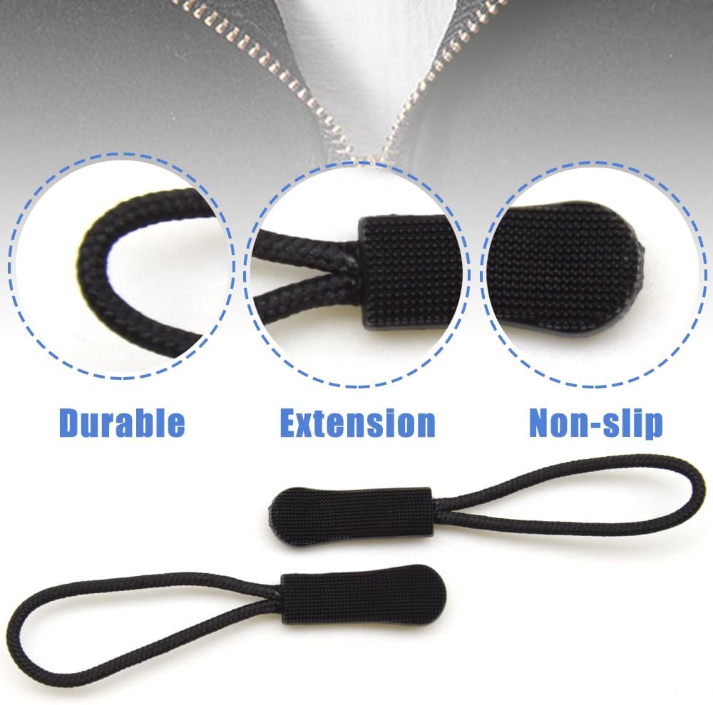 Ruidee 50 Pieces Zipper Pulls Zipper Tabs Zipper Pull Cord Extender Replacement Zipper Pulls for Backpacks, Jackets, Luggage, Purses, Handbags(Black)