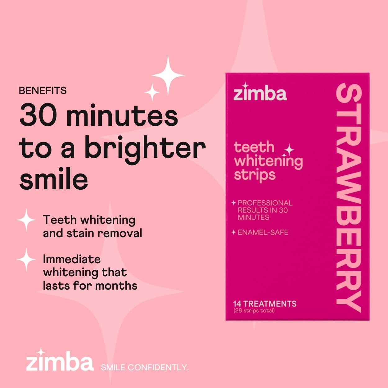 Zimba Strawberry Flavored Teeth Whitening Strips | Vegan, Enamel Safe Hydrogen Peroxide Teeth Whitener for Coffee, Wine, Tobacco, and Other Stains | 14 Day Treatment | Strawberry