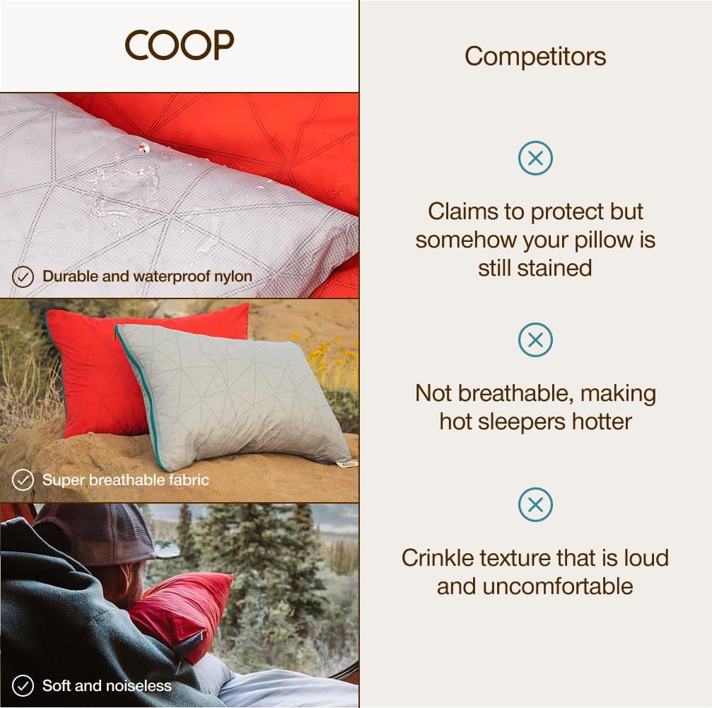 Coop Home Goods Nylon Camping and Travel Pillow Cover, Waterproof Camping Pillow Protector, Zippered Cover, Washable Travel Pillowcase (Red)