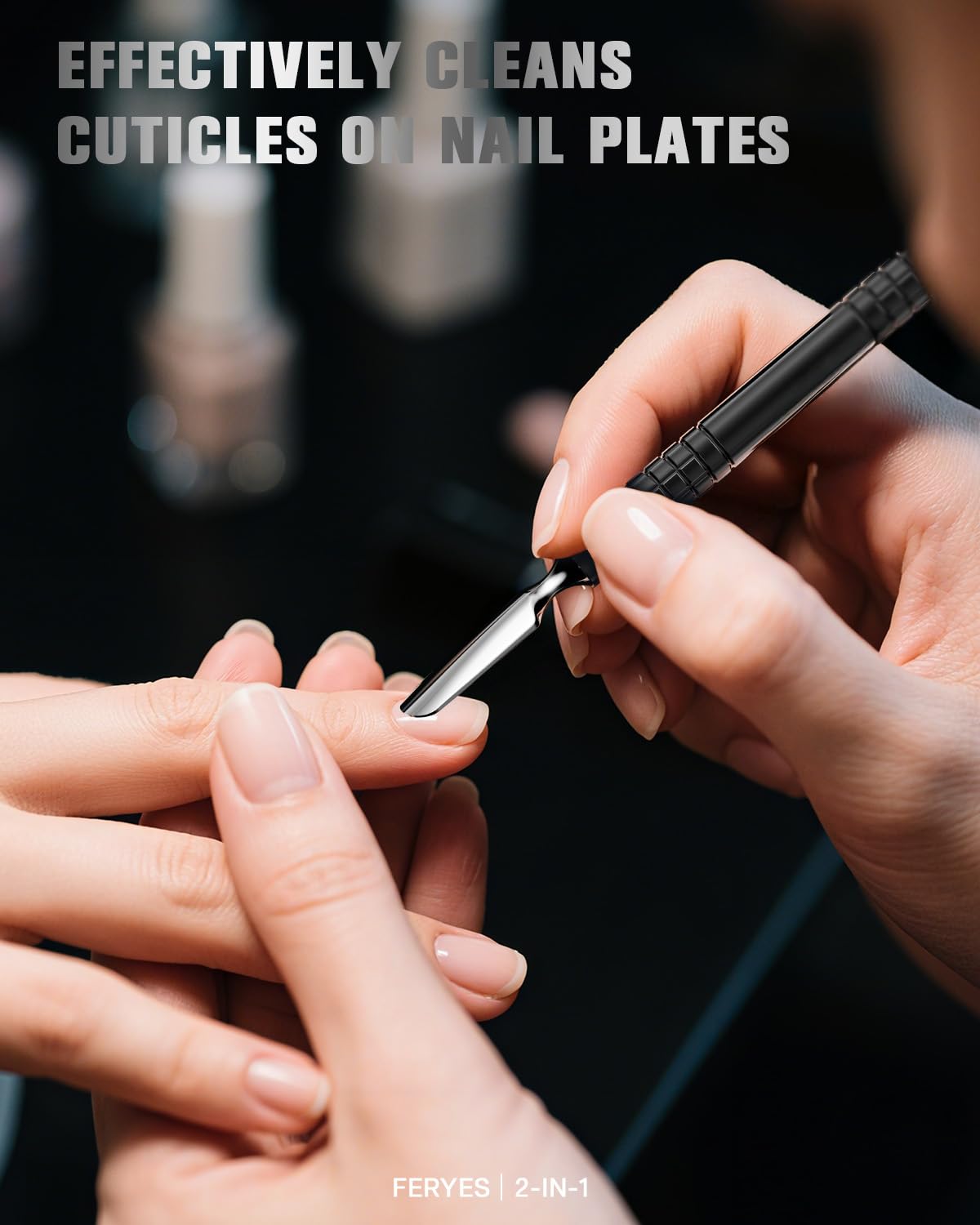 FERYES Cuticle Pusher with Fork, 2-in-1 Cuticle Remover Tool, Upgraded Stainless Steel Cuticle Trimmer Nail Care Tool for Manicures- Black(5.8 Inches)