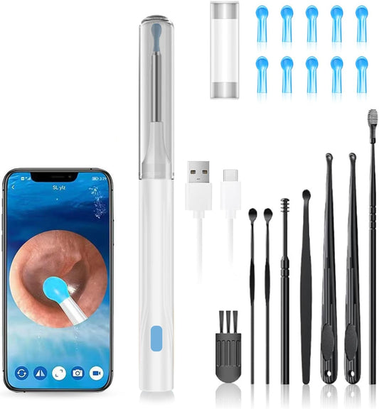 Wax Removal Tool for Ears, Earwax Remover Tools with 1080P Camera & 6LED Light & 8 Pcs Ear Set, Earwax Cleaning Kit with 10 Ear Spoon, Camera for iOS & Android (White)
