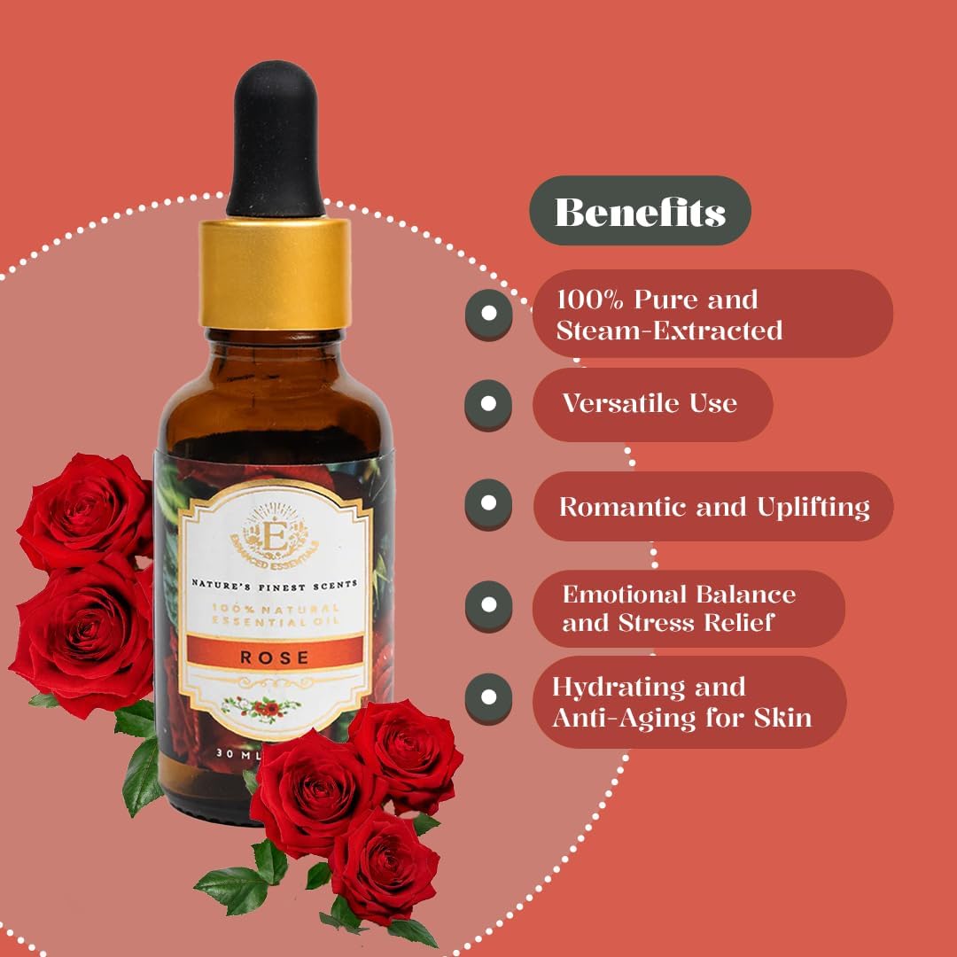Luxurious Rose Essential Oil by Enhanced Essentials| Slow Distilled & Exotic| for Home,Diffusers,Skin & Hair Care,Aromatherapy,Bath,Perfume,Soap & Candle Making|with Glass Dropper| 1 fl oz (30 ml)