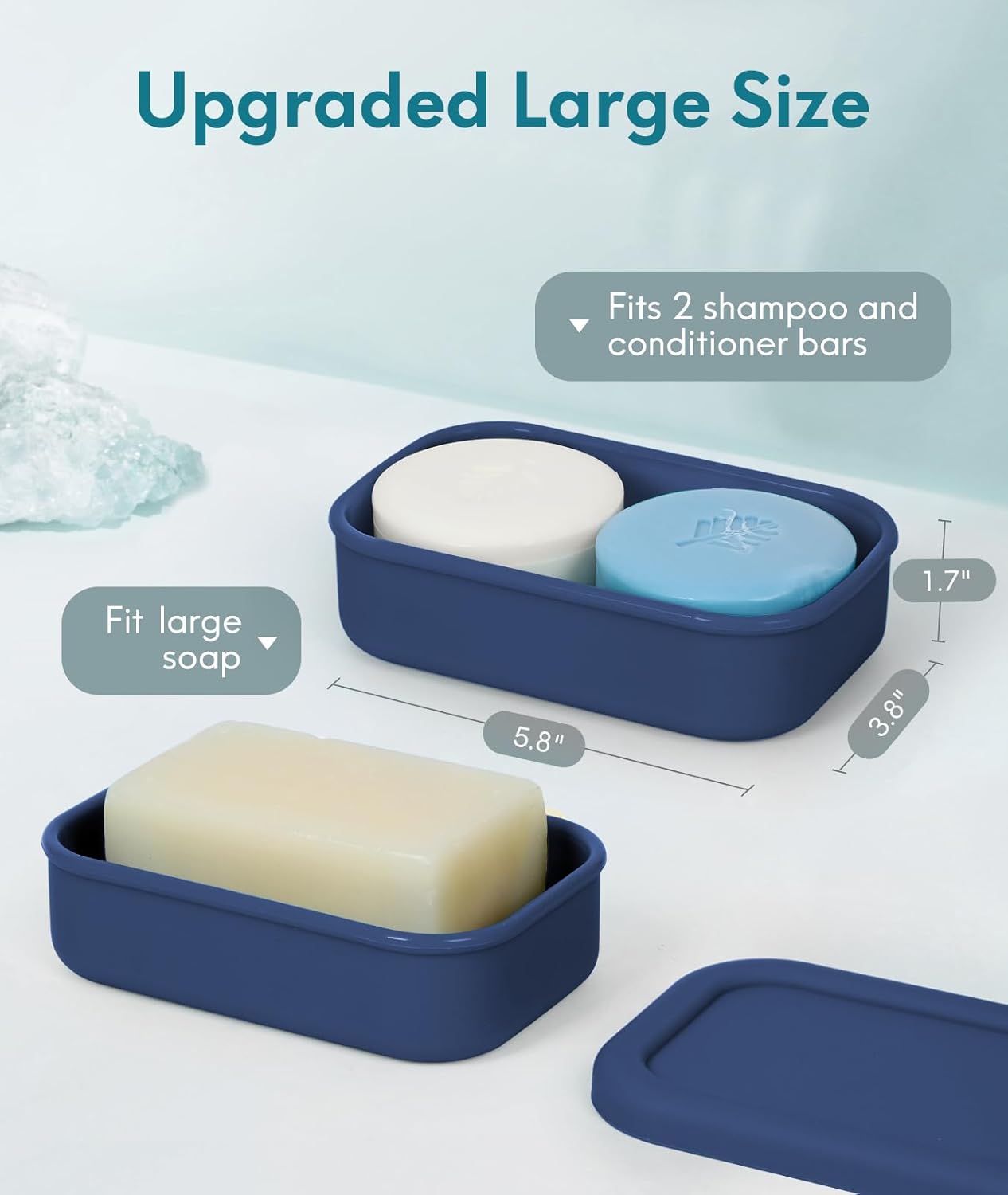 Quatish Solid Shampoo Bar Holder, Large Leakproof Travel Soap Case, Silicone Soap Box with Draining Layer, Enhanced Soap Container, Suitable for Camping, Gym, Bathroom, Outdoor Essentials, Dark Blue