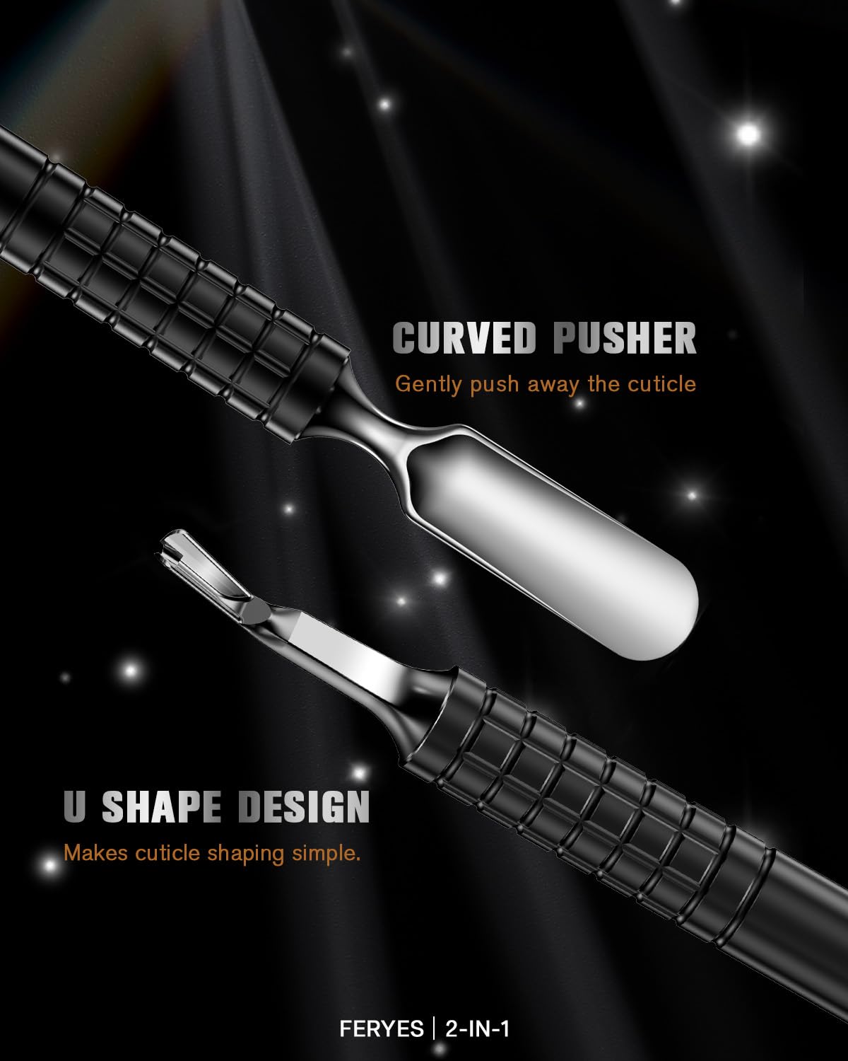 FERYES Cuticle Pusher with Fork, 2-in-1 Cuticle Remover Tool, Upgraded Stainless Steel Cuticle Trimmer Nail Care Tool for Manicures- Black(5.8 Inches)