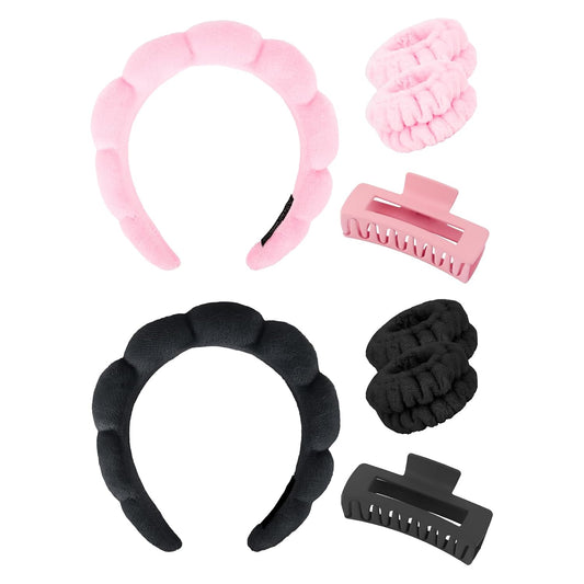 Wecoe Pink and Black Spa Set - Headband and Wristband for Face Washing, Thick Hair, Cute Puffy Sponge Bubble Makeup Headband, Wrist Towels, Scrunchies for Women & Girls