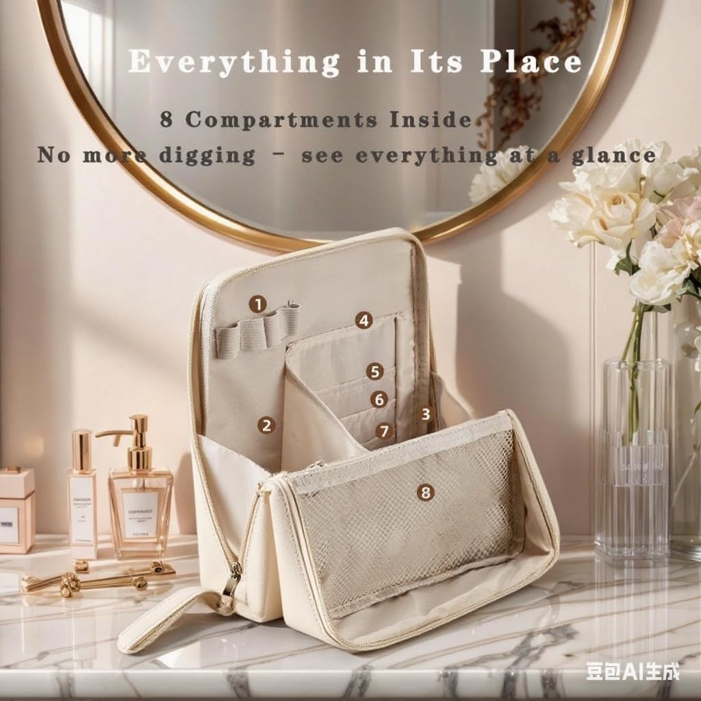 Standing Makeup Bag with Brush Holder, Organizer Travel Cosmetic Bags, Small Make Up Pouches for Women Beige