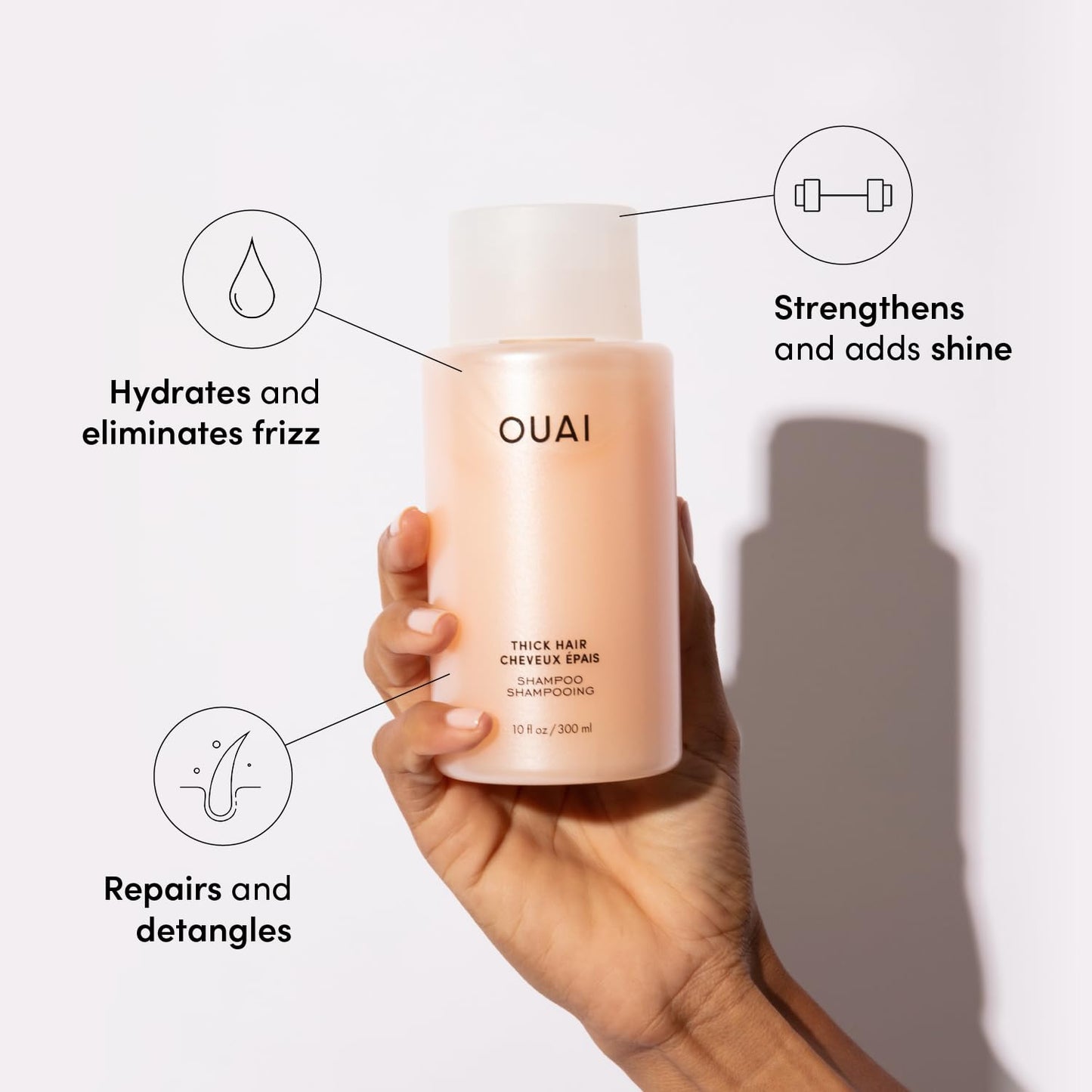 OUAI Thick Shampoo - Moisturizing Shampoo with Keratin, Marshmallow Root, Shea Butter, Avocado Oil for Thick Hair - Strengthens & Hydrates Strands - Paraben, Phthalate & Sulfate Free (10 Fl Oz)