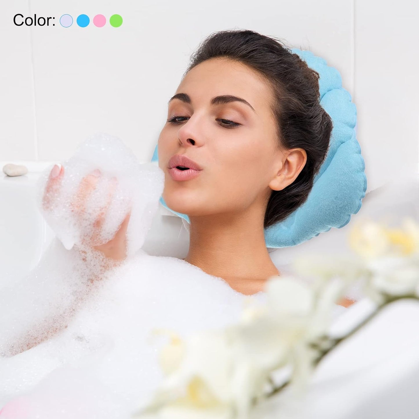 PATIKIL Inflatable Bath Pillow with Suction Cups, 2 Pack Terry Cloth Covered Shell Shape Soft Bath Spa Cushion Neck Support for Bathtub Hot Tub (Blue, Green)