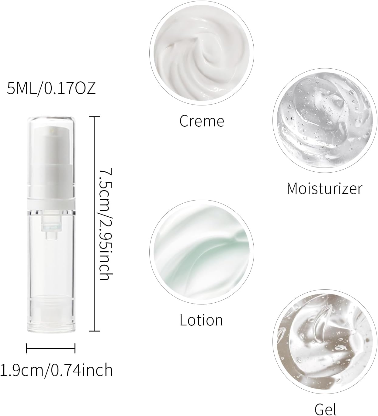 6 Pack 0.17 oz Plastic Empty Airless Pump Bottles Travel Size Refillable Leakproof Containers for Skincare Cosmetics Toiletries TSA Approved