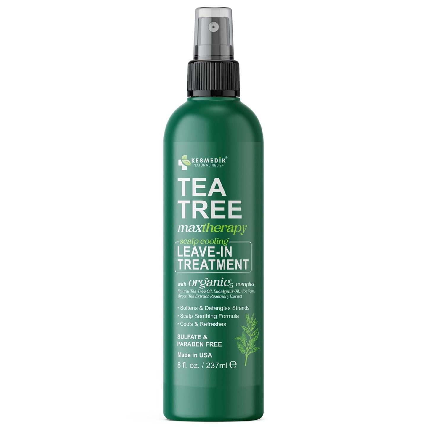 Pure Tea Tree Oil Leave In Conditioner Serum, Detangler Spray, Frizz Control, Dry & Itchy Scalp Treatment, Anti Dandruff, Scalp Psoriasis Relief, Men & Women, Paraben & Sulfate Free