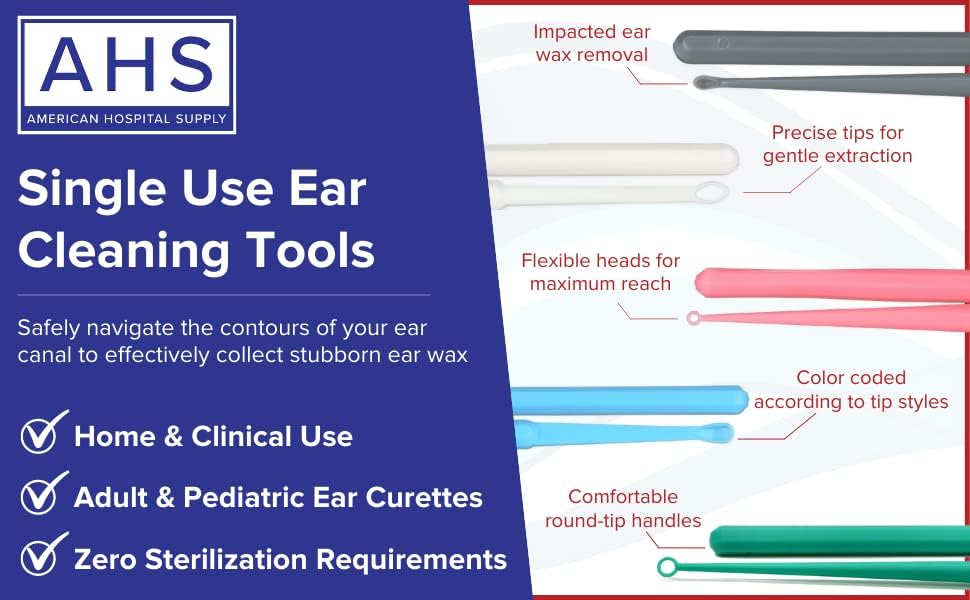 American Hospital Supply Ear Curettes | Ear Pick Wax Removal Tool Cleaner | Individually Wrapped Plastic Ear Cleaner Tools for Teens Adult Pack of 75 (15 of Each Tip Style)