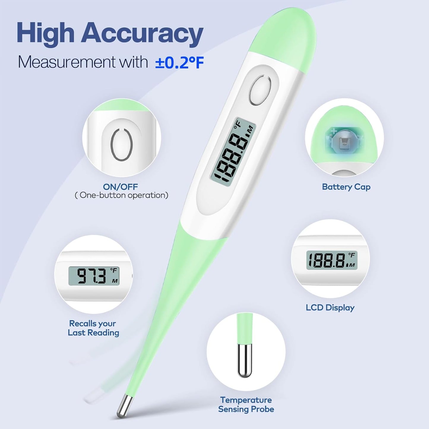 Boncare 10 Seconds Digital Thermometer for Adults and Kids - Accurate & Safe Rectal Thermometer for Baby with Fever Alarm, Oral Thermometer (Light Green)