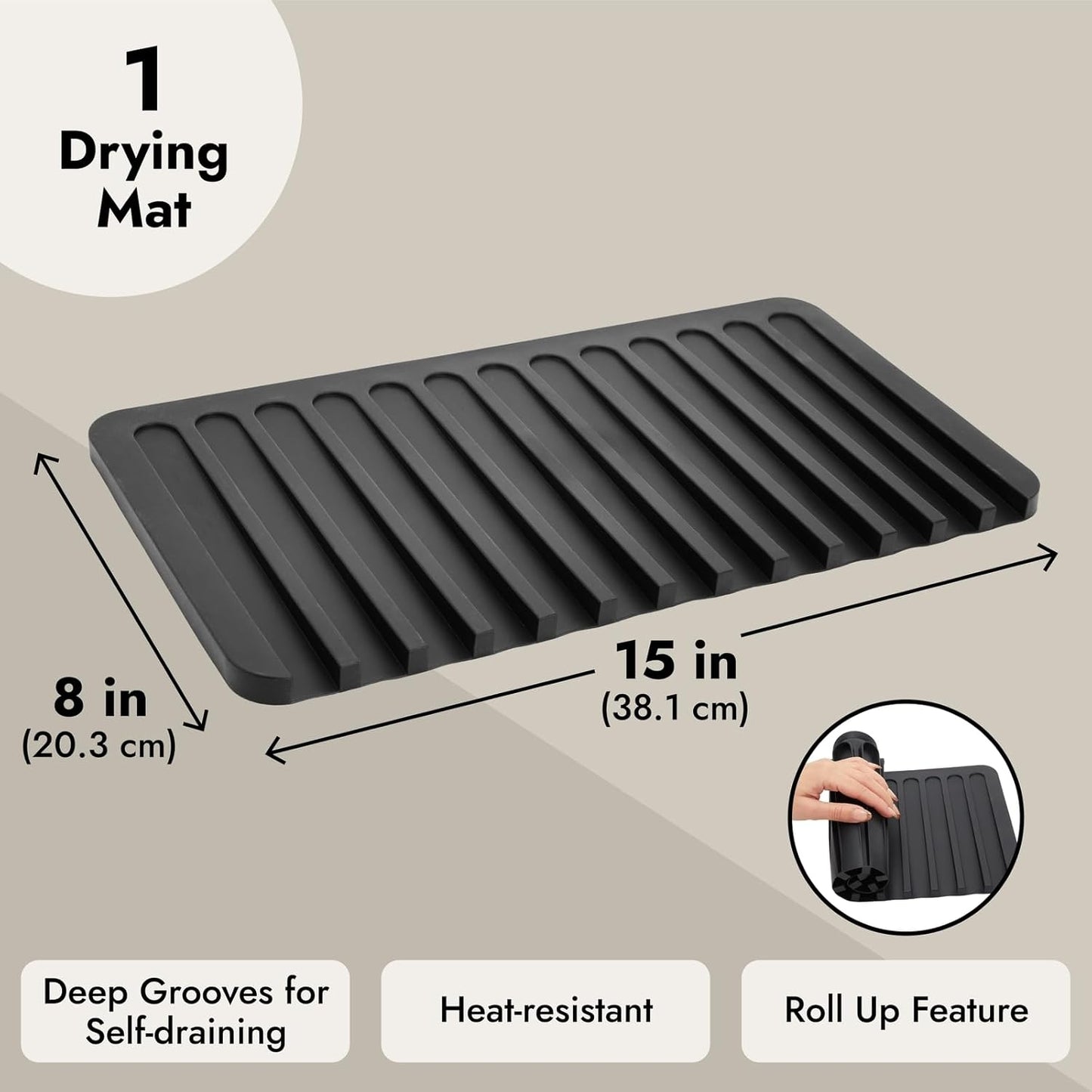 Talented Kitchen Self-Draining Silicone Dish Drying Mat - Sloped Silicone Countertop Drain Mat & Dish Drying Pad for Kitchen Counter - 15 x 8 in Black