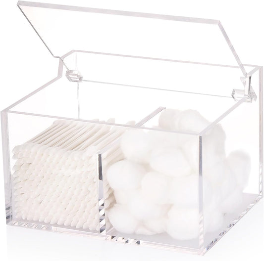 Tbestmax 2-Grid Qtip Holder, 4mm Thickness Cotton Ball Swab Organizer Acrylic Rectangle Bathroom Canister Makeup Pad Cosmetic Storage - Clear