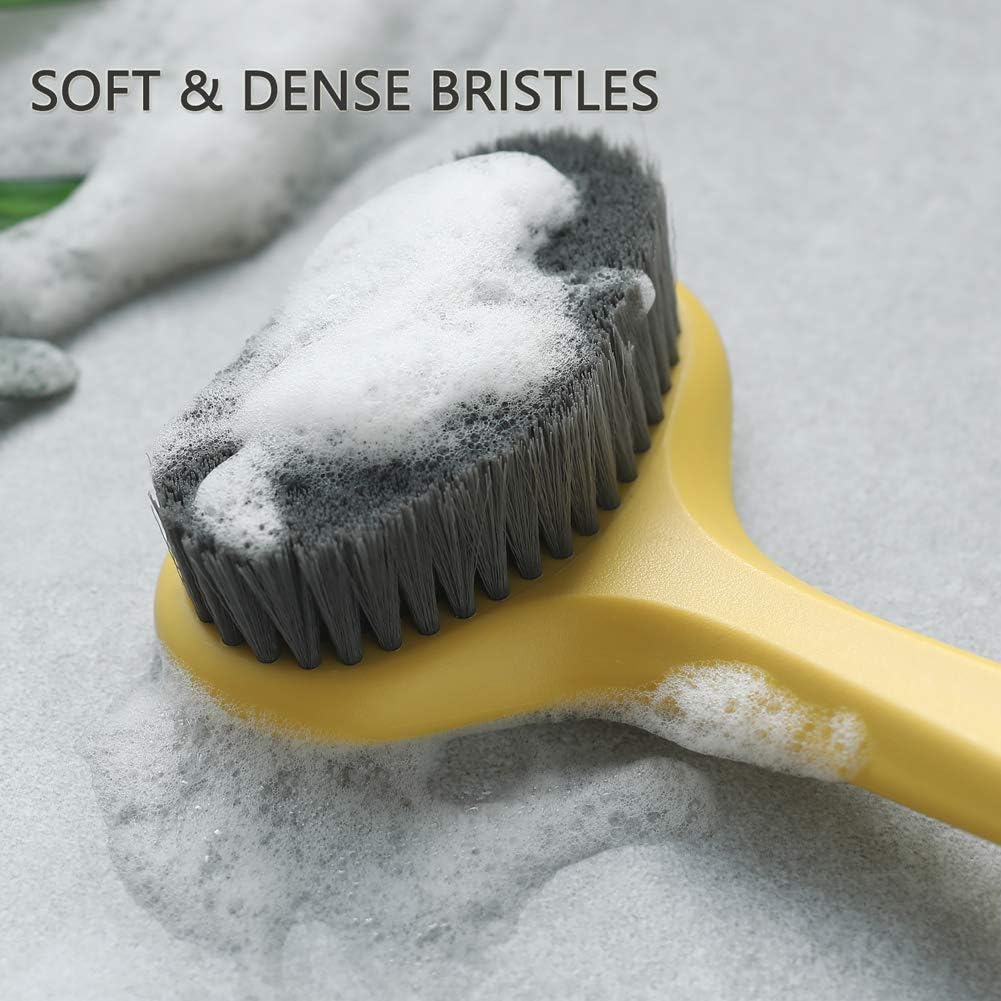 Upgraded Bath Body Brush with Comfy Bristles Long Handle Gentle Exfoliation Improve Skin's Health and Beauty Bath Shower Wet or Dry Brushing Body Brush (14 inch, Gold)