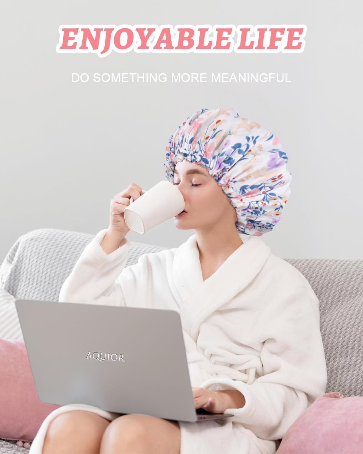 Aquior Shower Caps, Double Layer Waterproof Shower Cap for Women, Reusable Large Shower Cap for all Hair Lengths with EVA Lining, Soft Bath Shower Caps