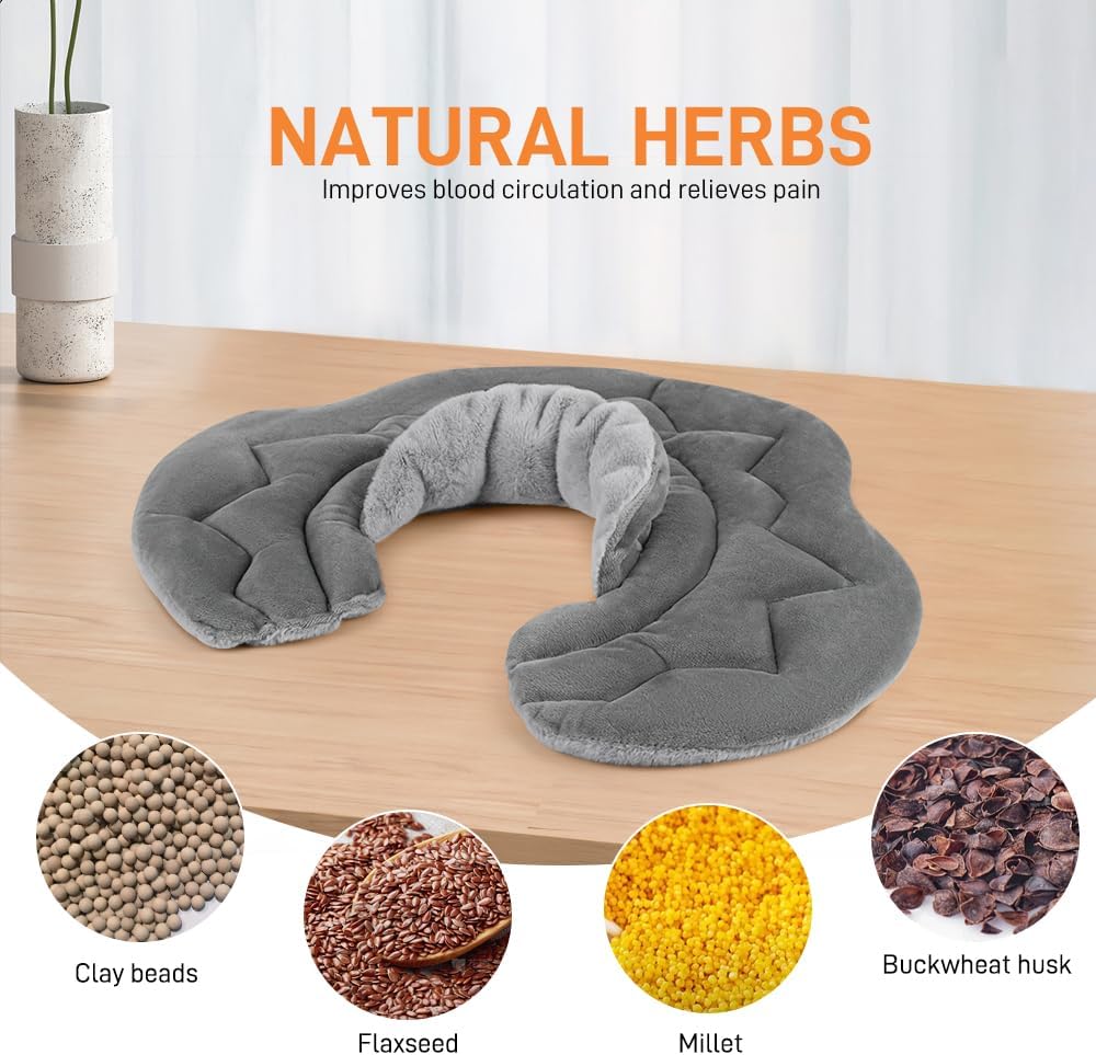 Microwavable Heating Pad for Neck and Shoulders, Weighted Microwave Moist Heated Wrap for Pain Relief Muscle Stress Tension, Heat Neck Wrap with Aromatherapy, Hot & Cold Compress, Grey