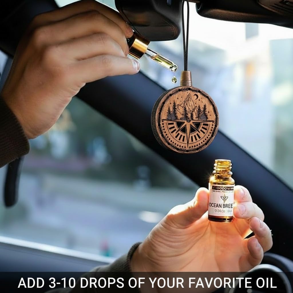 Wood Car Air Freshener — Handmade Car Air Freshener — Compass Mountains Designed Fragrance Oil Diffuser in Wooden Gift Box — Aromatherapy Set with diAquatoria Fragrance Oil - 10 ml