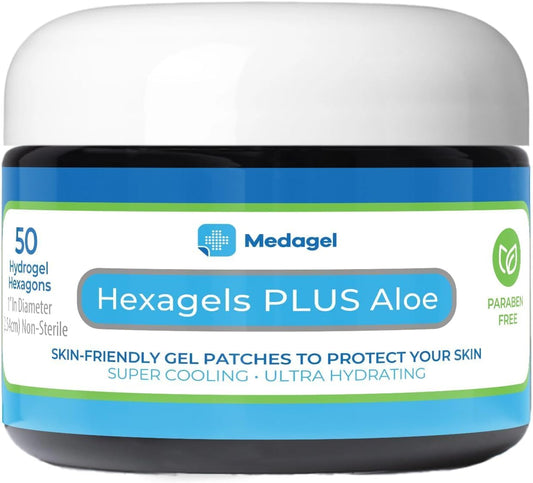 Hexagels Plus Aloe Vera - Advanced Healing Hydrogel Pads for Blister Prevention & Soothing Burn Care - Foot, Heel, Toe, & Ankle Protection, Pack of 50, 1-Inch Patches, by Medagel, Paraben Free Formula