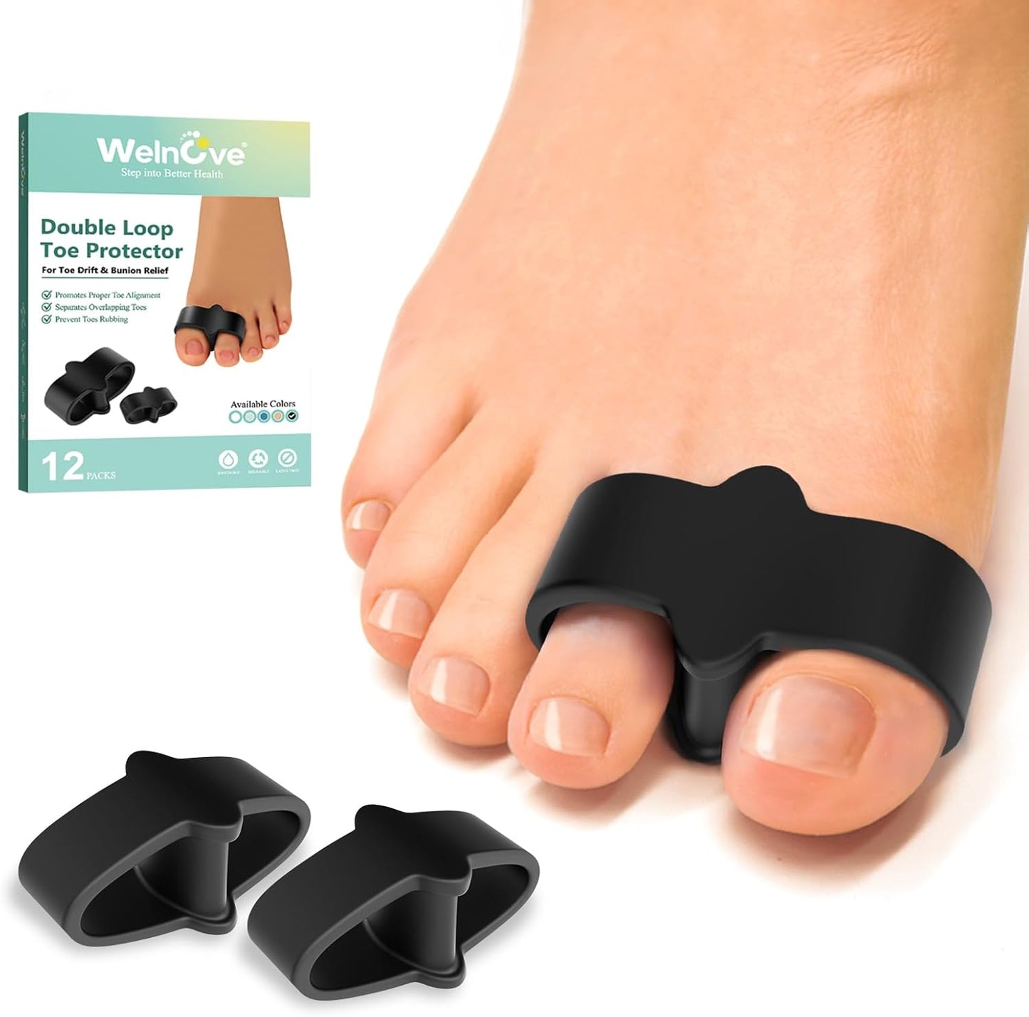 Welnove Pack of 12 Bunion Corrector, Toe Separators with 2 Loops, Big Toe Spacer Suitable for Bunion and Overlap Toe (Black)