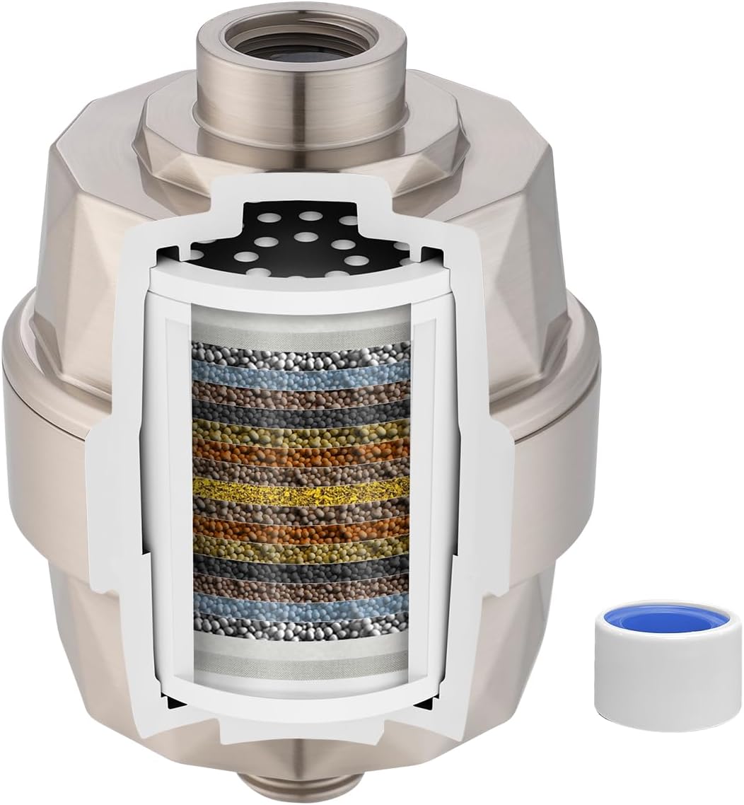 Hibbent Shower Filter for Hard Water, High Output Shower Head Filter to Remove Chlorine and Fluoride, 20 Stage Showerhead Filter with Vitamin C, Reduces Dry Itchy Skin, and Eczema, Brushed Nickel